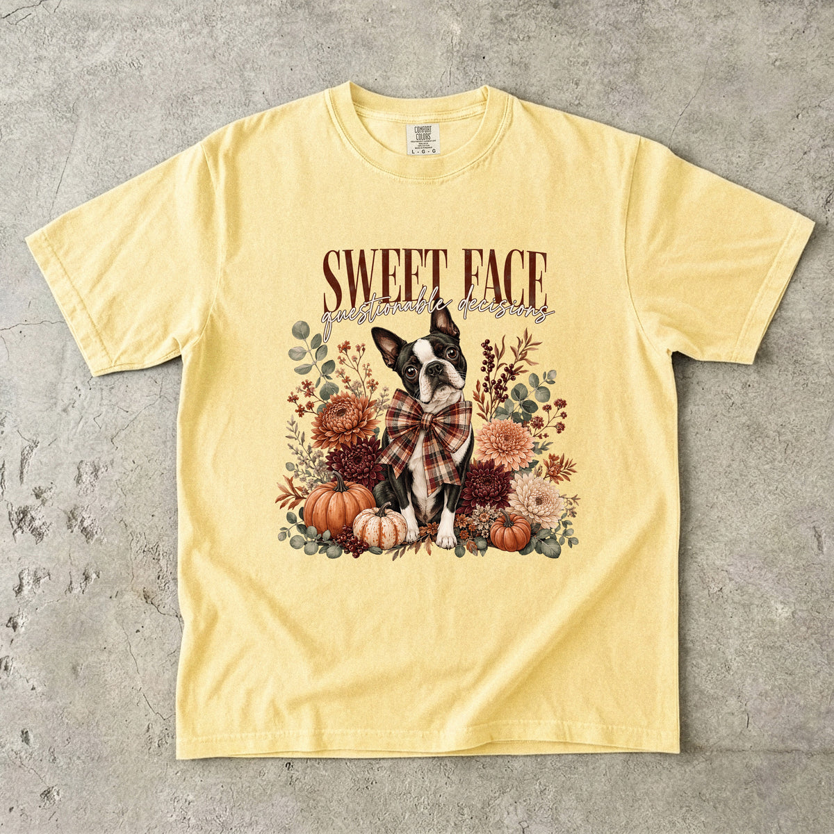 Sweet Face Questionable Decisions Funny Boston Terrier Fall Shirt | Floral Pumpkin Autumn Dog Tee | Cute Dog Mom Fall Shirt