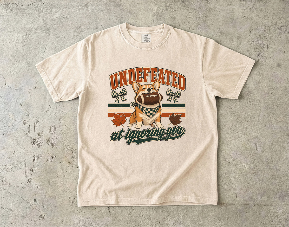 Undefeated At Ignoring You Funny Corgi Football Shirt | Vintage Varsity Fall Football Dog Tee | Funny Dog Mom Fall Shirt
