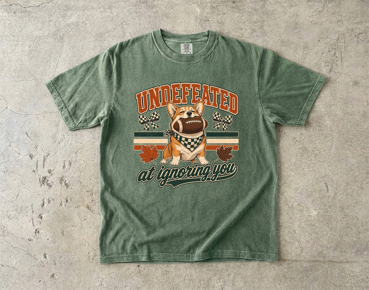 Undefeated At Ignoring You Funny Corgi Football Shirt | Vintage Varsity Fall Football Dog Tee | Funny Dog Mom Fall Shirt