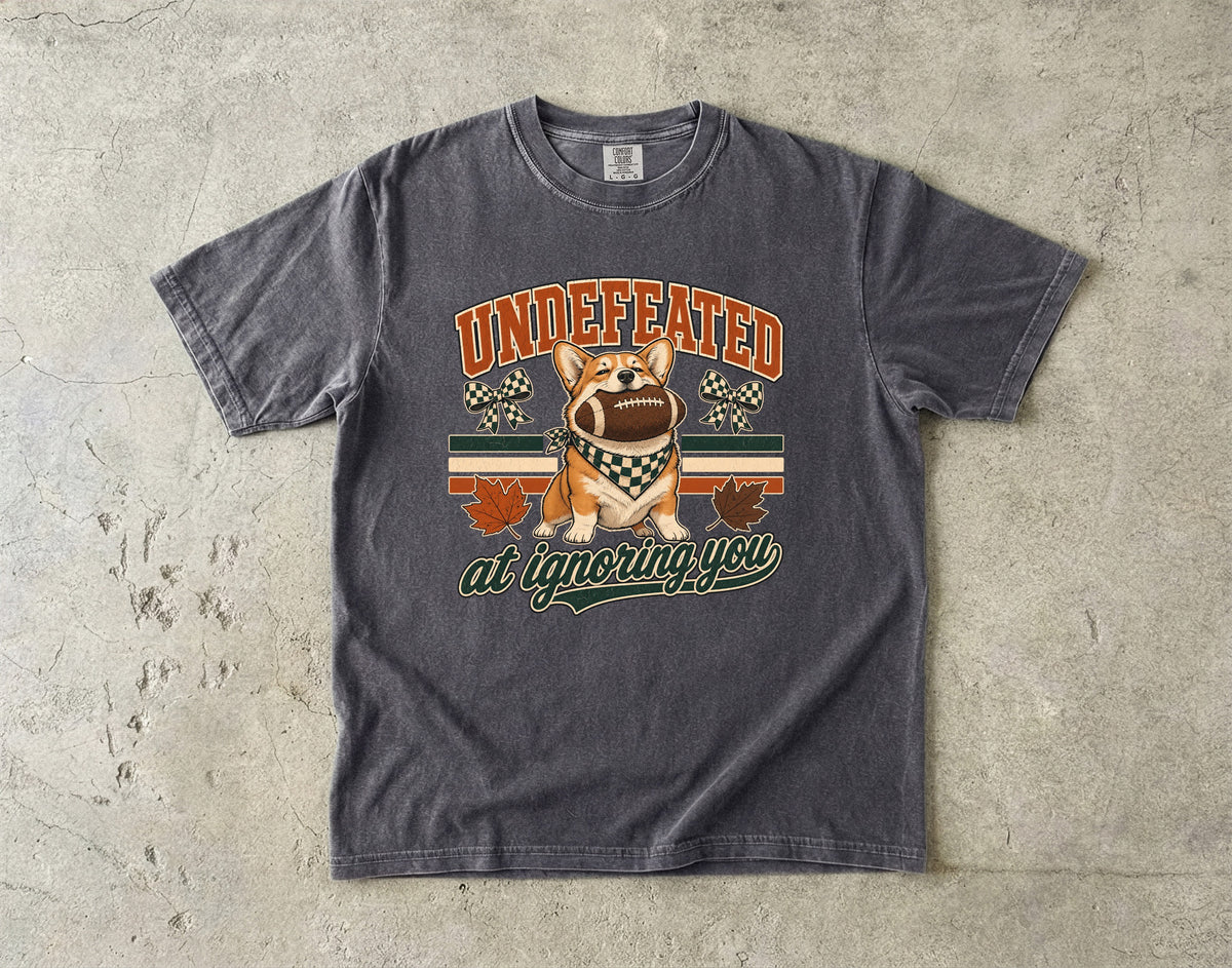 Undefeated At Ignoring You Funny Corgi Football Shirt | Vintage Varsity Fall Football Dog Tee | Funny Dog Mom Fall Shirt