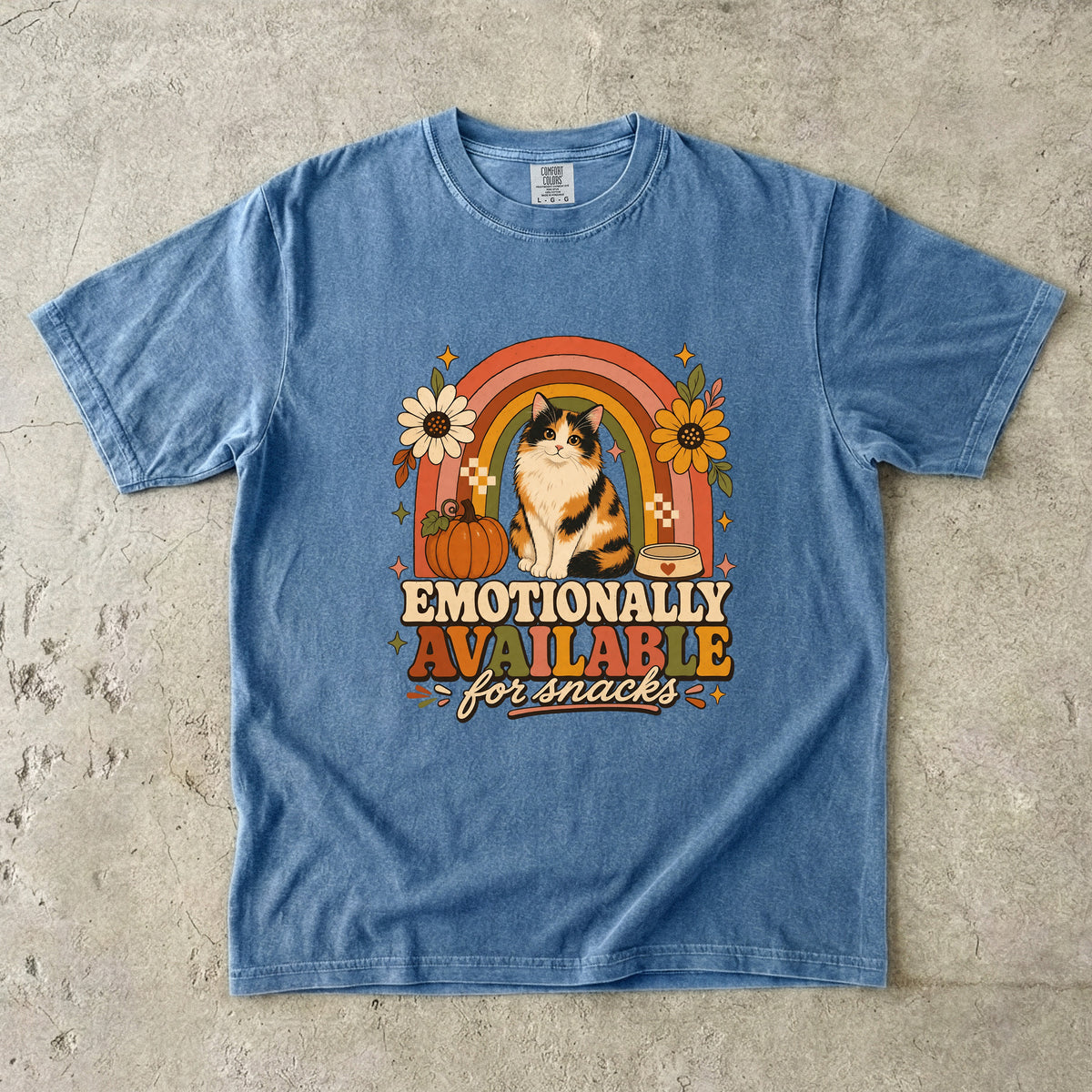 Emotionally Available For Snacks Funny Calico Cat Fall Shirt | Retro Rainbow Boho Cat Tee | Funny Cat Mom Fall Shirt