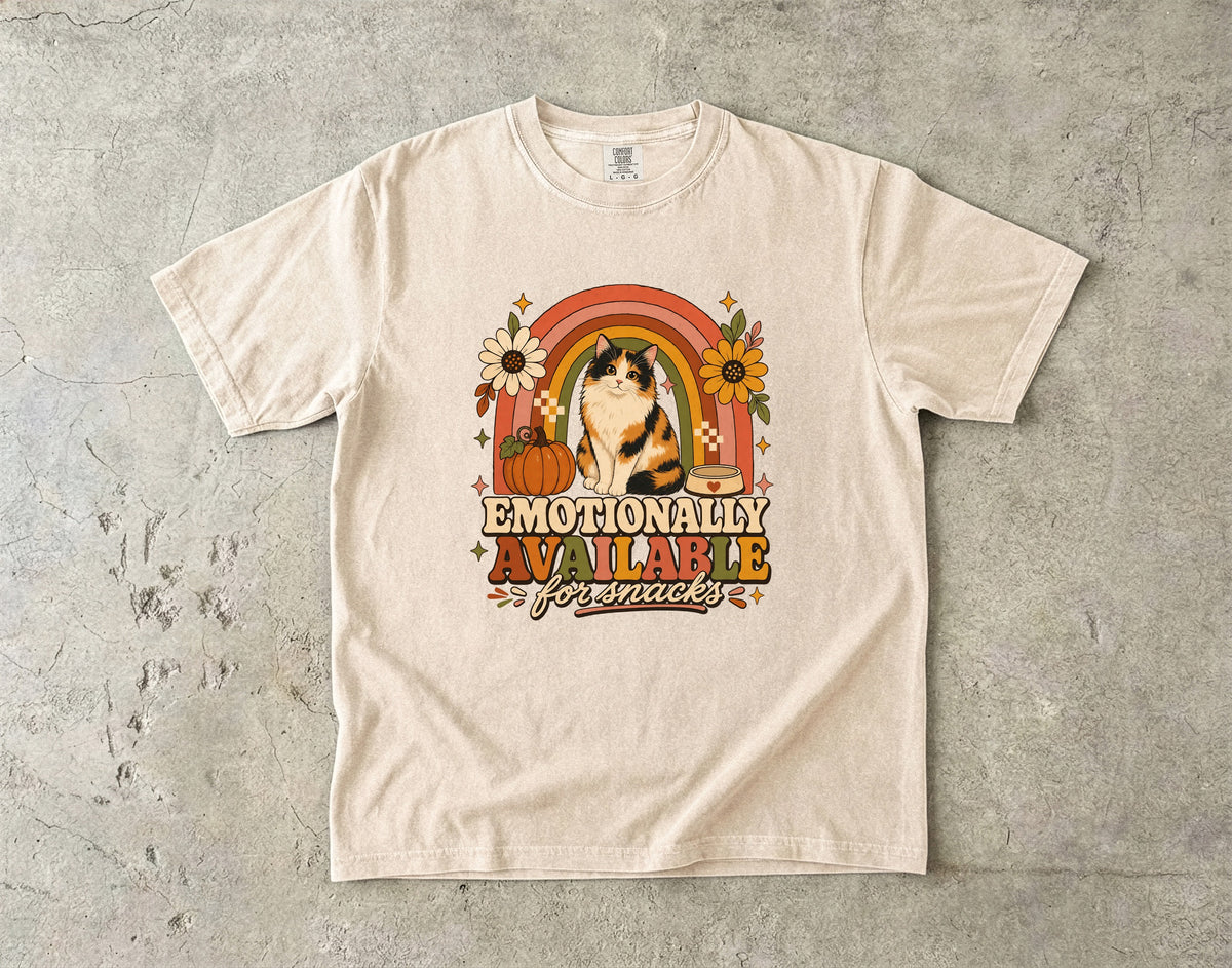 Emotionally Available For Snacks Funny Calico Cat Fall Shirt | Retro Rainbow Boho Cat Tee | Funny Cat Mom Fall Shirt