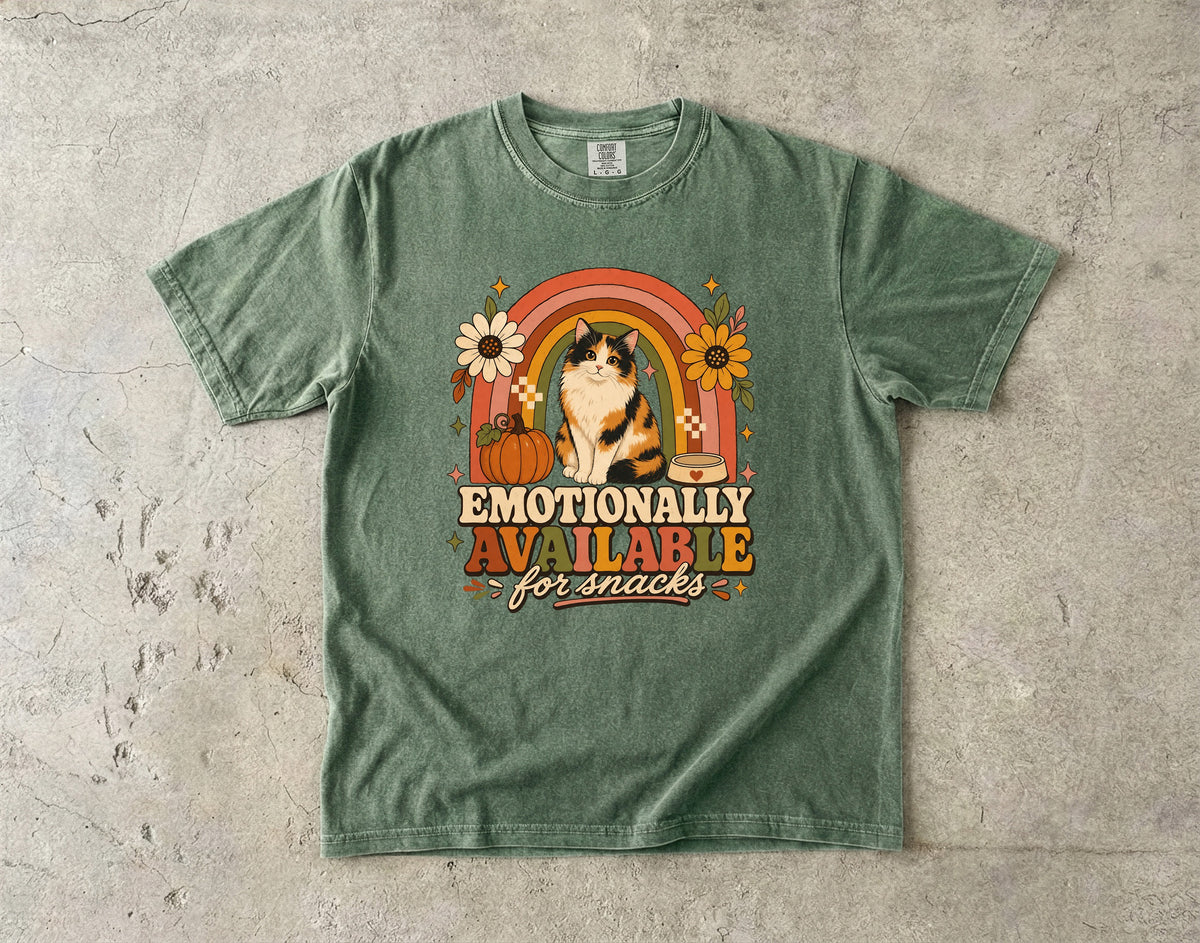 Emotionally Available For Snacks Funny Calico Cat Fall Shirt | Retro Rainbow Boho Cat Tee | Funny Cat Mom Fall Shirt