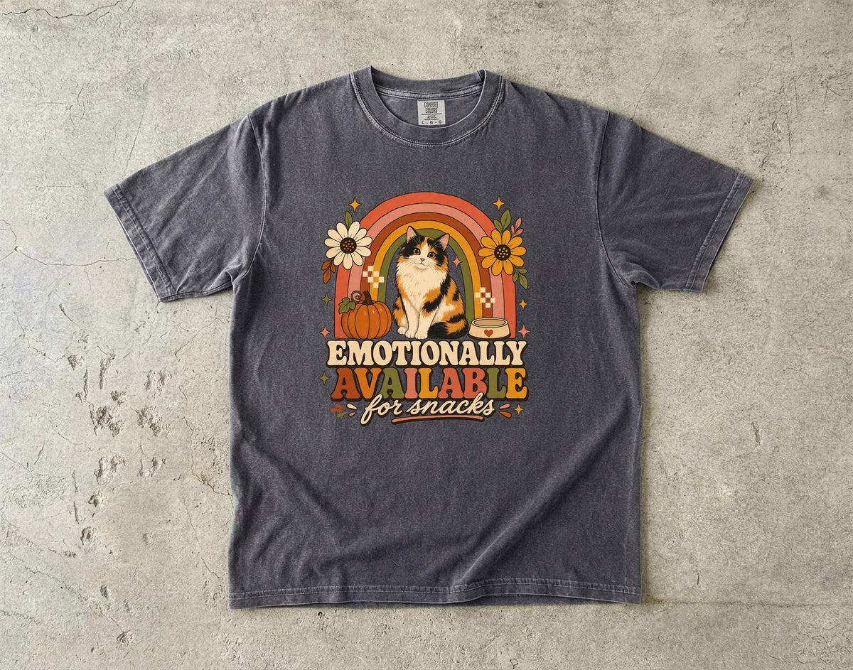 Emotionally Available For Snacks Funny Calico Cat Fall Shirt | Retro Rainbow Boho Cat Tee | Funny Cat Mom Fall Shirt