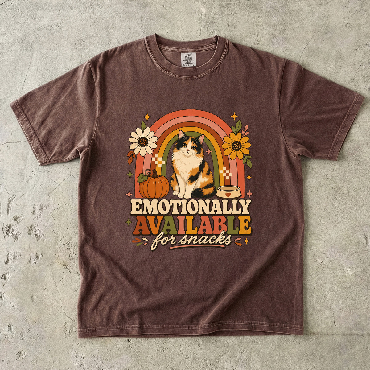 Emotionally Available For Snacks Funny Calico Cat Fall Shirt | Retro Rainbow Boho Cat Tee | Funny Cat Mom Fall Shirt