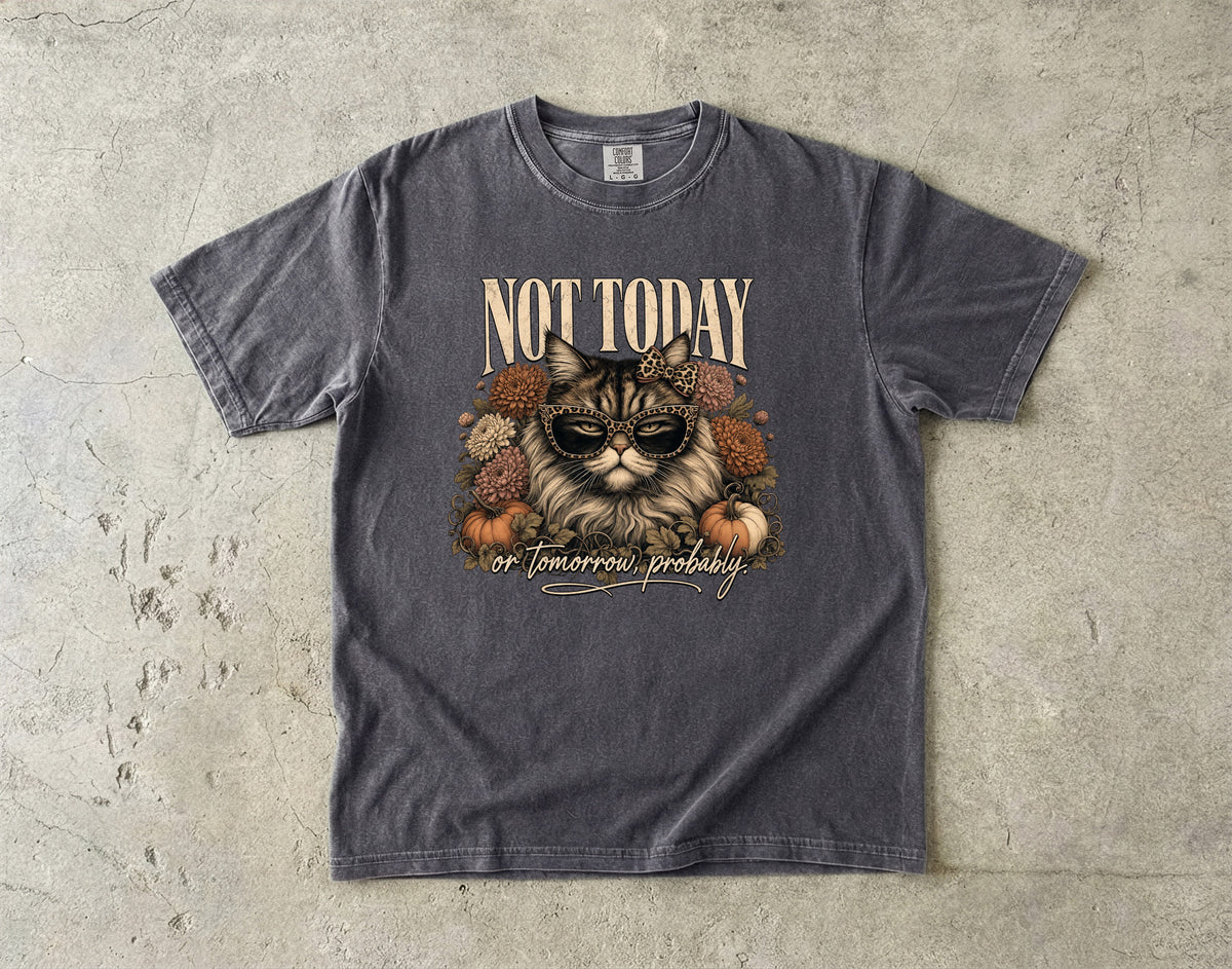 Not Today Or Tomorrow Probably Funny Cat Fall Shirt | Leopard Sunglasses Cat Floral Autumn Tee | Sassy Cat Mom Fall Shirt