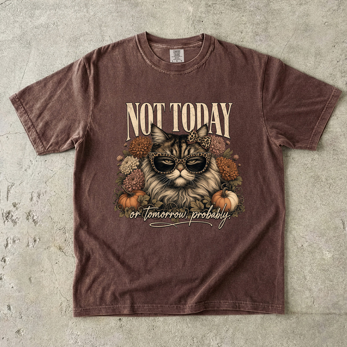 Not Today Or Tomorrow Probably Funny Cat Fall Shirt | Leopard Sunglasses Cat Floral Autumn Tee | Sassy Cat Mom Fall Shirt