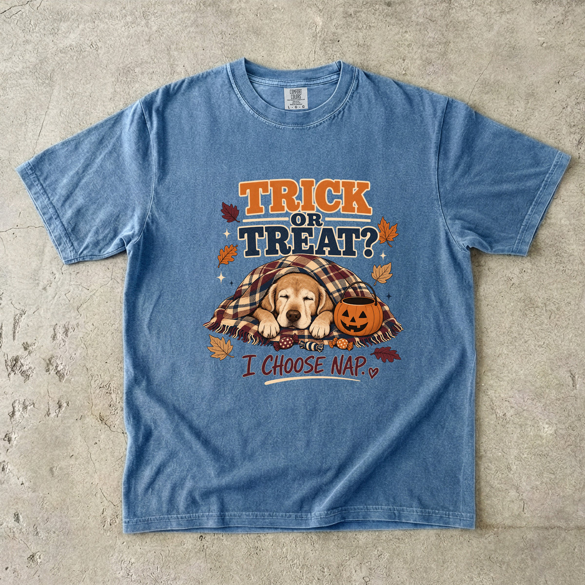 Trick Or Treat I Choose Nap Funny Sleepy Dog Halloween Shirt | Golden Retriever Puppy Cozy Plaid Blanket Tee | Funny Dog Mom Halloween Shirt