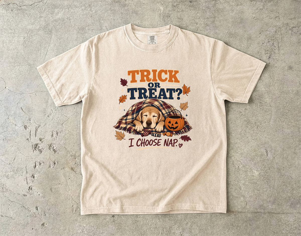 Trick Or Treat I Choose Nap Funny Sleepy Dog Halloween Shirt | Golden Retriever Puppy Cozy Plaid Blanket Tee | Funny Dog Mom Halloween Shirt