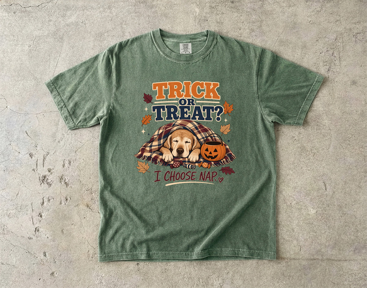 Trick Or Treat I Choose Nap Funny Sleepy Dog Halloween Shirt | Golden Retriever Puppy Cozy Plaid Blanket Tee | Funny Dog Mom Halloween Shirt
