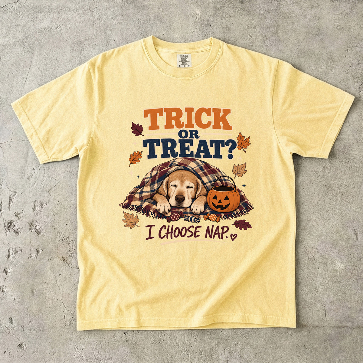 Trick Or Treat I Choose Nap Funny Sleepy Dog Halloween Shirt | Golden Retriever Puppy Cozy Plaid Blanket Tee | Funny Dog Mom Halloween Shirt