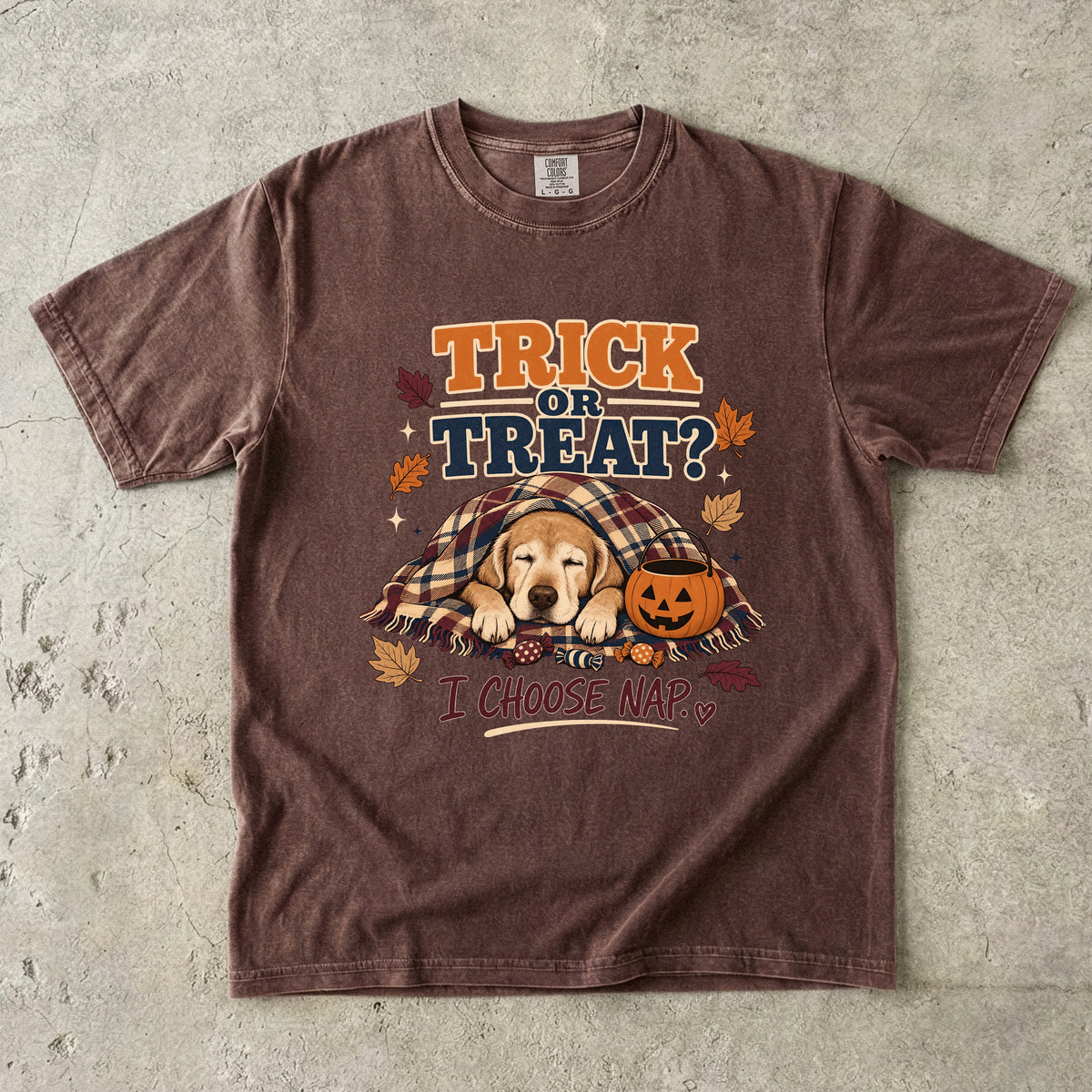 Trick Or Treat I Choose Nap Funny Sleepy Dog Halloween Shirt | Golden Retriever Puppy Cozy Plaid Blanket Tee | Funny Dog Mom Halloween Shirt