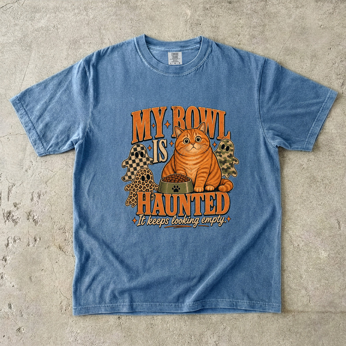My Bowl Is Haunted It Keeps Looking Empty Shirt | Funny Orange Tabby Cat Halloween Comfort Colors Tee | Chunky Cat Ghost Shirt | Retro Halloween Cat T-Shirt