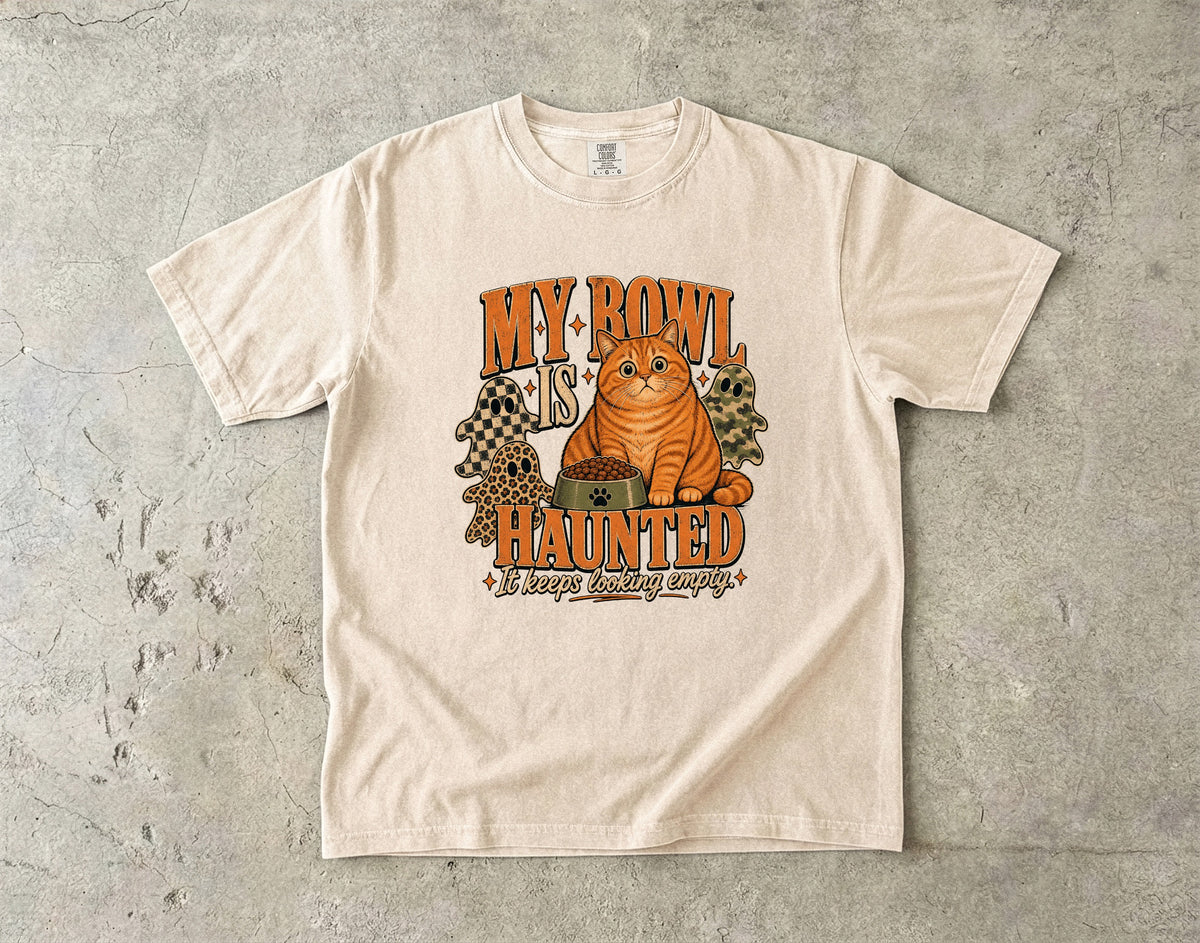 My Bowl Is Haunted It Keeps Looking Empty Shirt | Funny Orange Tabby Cat Halloween Comfort Colors Tee | Chunky Cat Ghost Shirt | Retro Halloween Cat T-Shirt