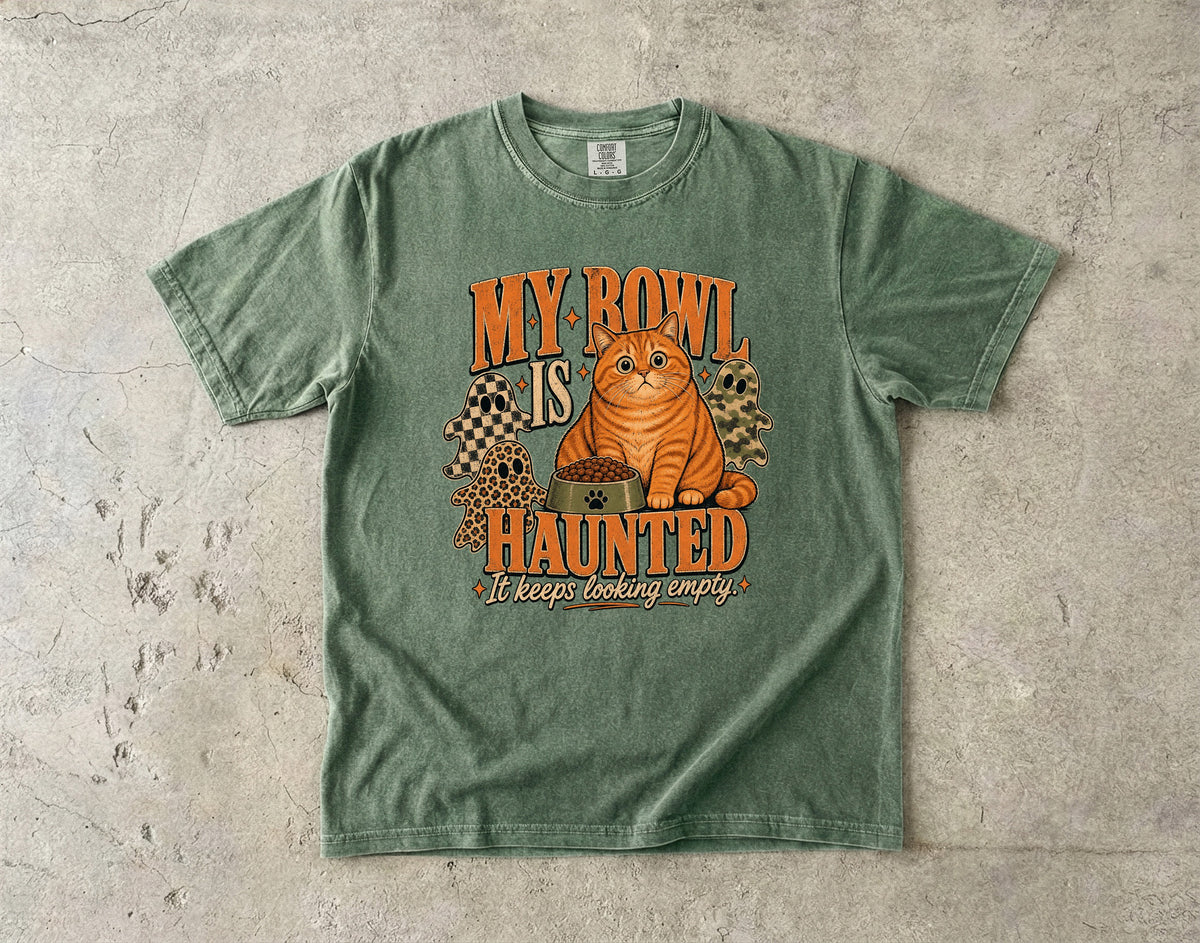 My Bowl Is Haunted It Keeps Looking Empty Shirt | Funny Orange Tabby Cat Halloween Comfort Colors Tee | Chunky Cat Ghost Shirt | Retro Halloween Cat T-Shirt