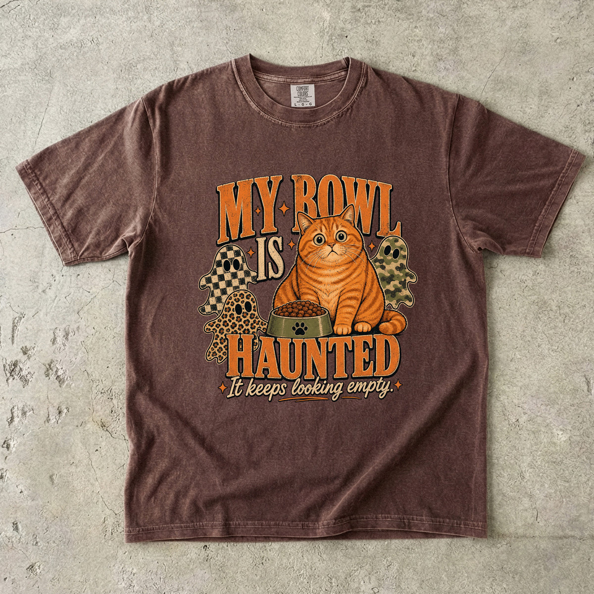 My Bowl Is Haunted It Keeps Looking Empty Shirt | Funny Orange Tabby Cat Halloween Comfort Colors Tee | Chunky Cat Ghost Shirt | Retro Halloween Cat T-Shirt