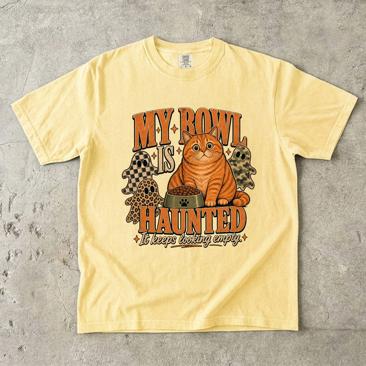 My Bowl Is Haunted It Keeps Looking Empty Shirt | Funny Orange Tabby Cat Halloween Comfort Colors Tee | Chunky Cat Ghost Shirt | Retro Halloween Cat T-Shirt