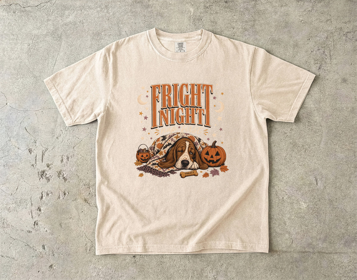 Fright Night Nap First Shirt | Funny Basset Hound Halloween Comfort Colors Tee | Sleepy Dog Fall Shirt | Cozy Halloween T-Shirt