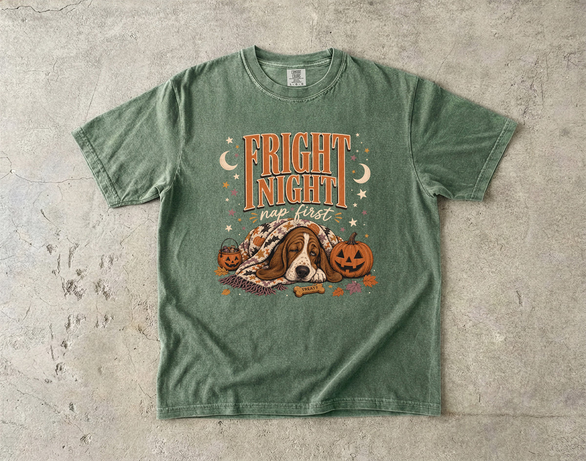 Fright Night Nap First Shirt | Funny Basset Hound Halloween Comfort Colors Tee | Sleepy Dog Fall Shirt | Cozy Halloween T-Shirt