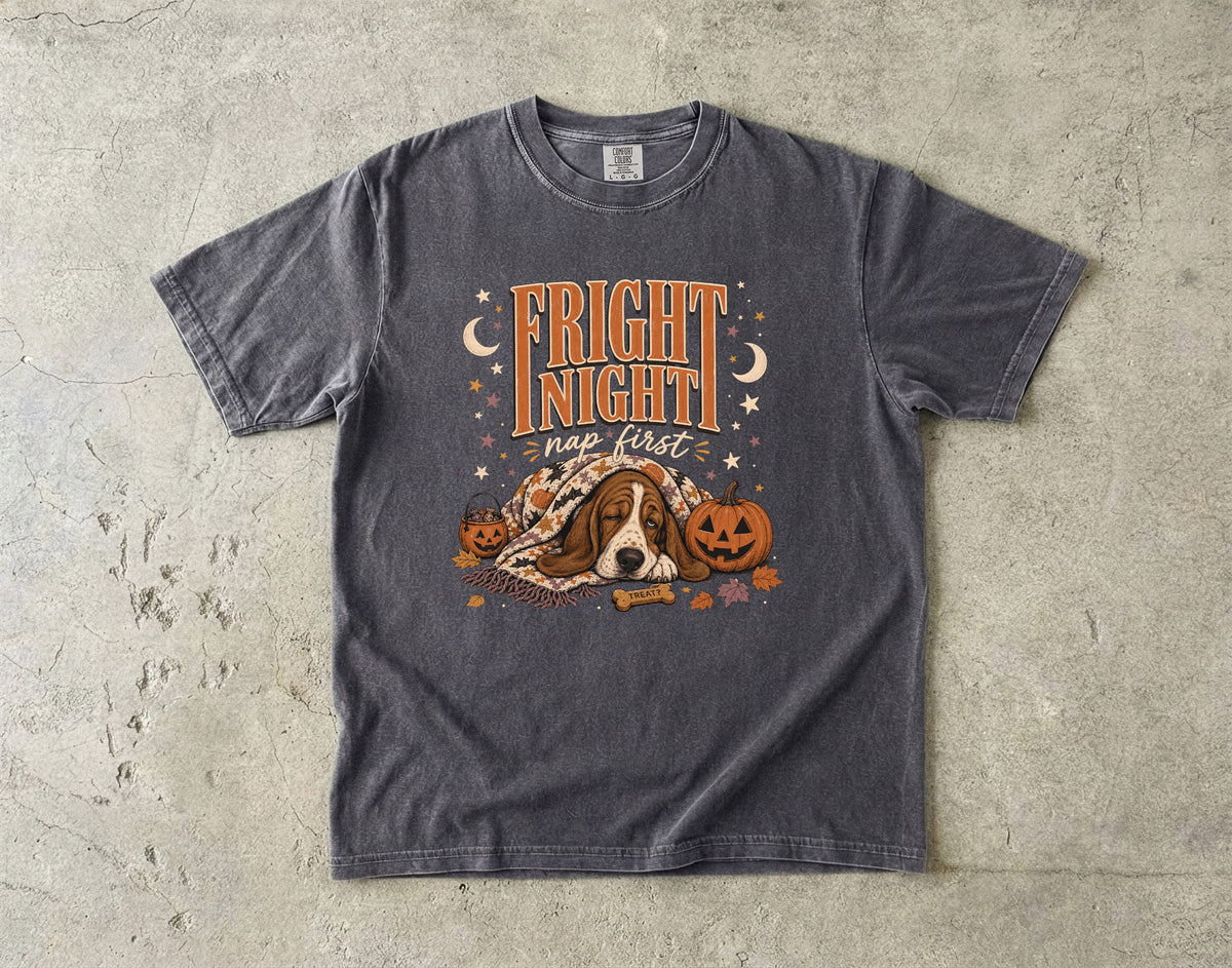 Fright Night Nap First Shirt | Funny Basset Hound Halloween Comfort Colors Tee | Sleepy Dog Fall Shirt | Cozy Halloween T-Shirt