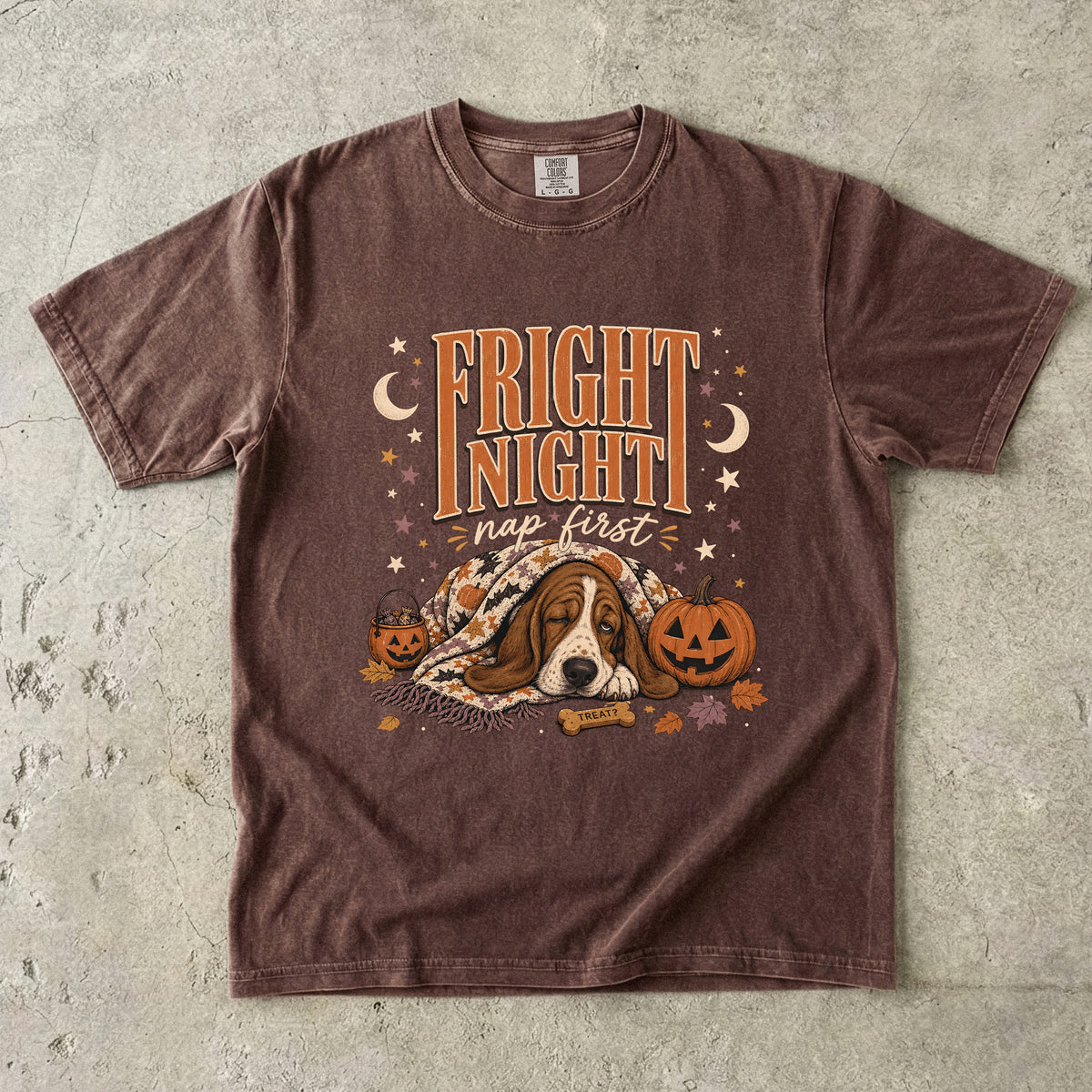 Fright Night Nap First Shirt | Funny Basset Hound Halloween Comfort Colors Tee | Sleepy Dog Fall Shirt | Cozy Halloween T-Shirt