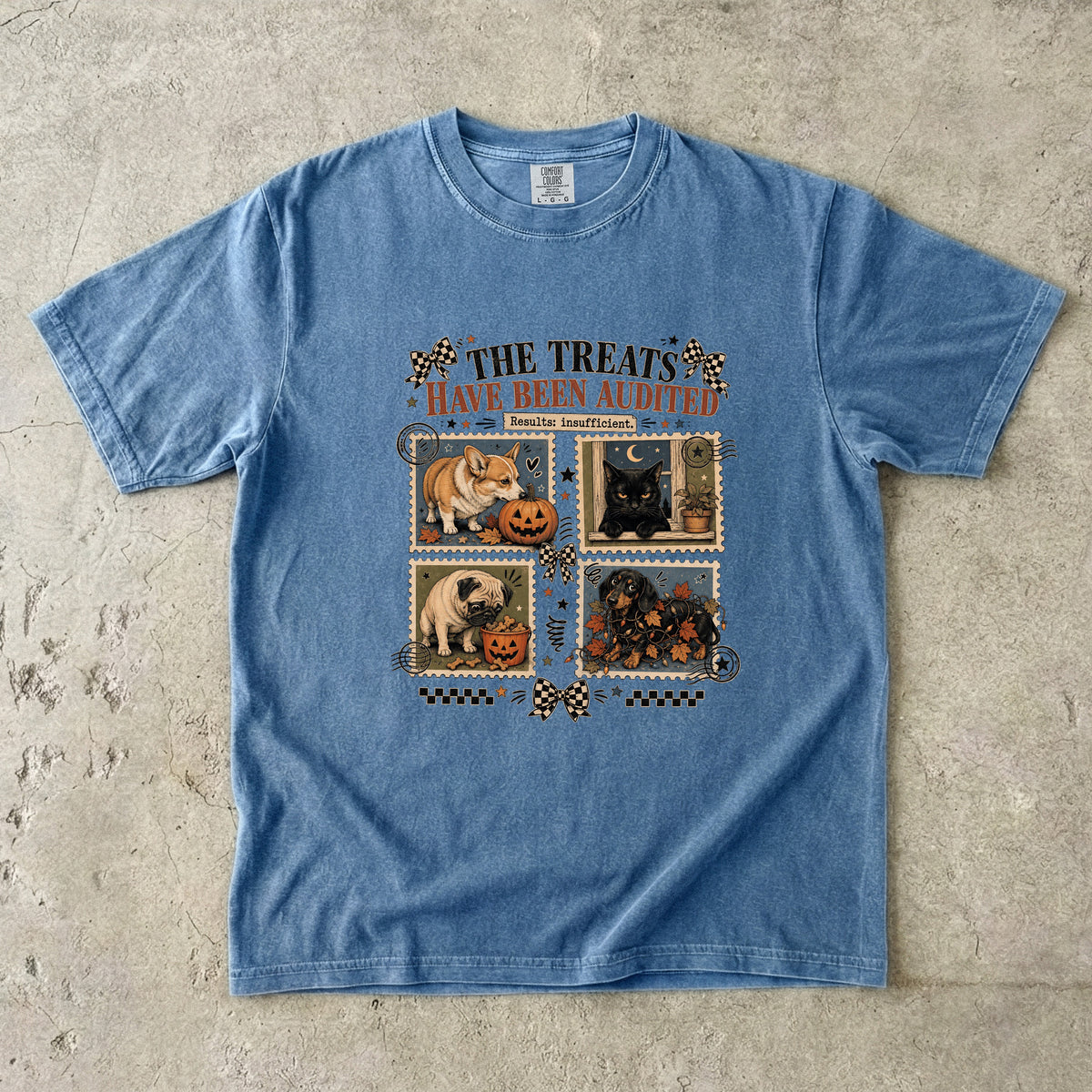 The Treats Have Been Audited Results Insufficient Shirt | Funny Halloween Dog & Cat Comfort Colors Tee | Postage Stamp Pet Halloween Shirt | Retro Halloween T-Shirt