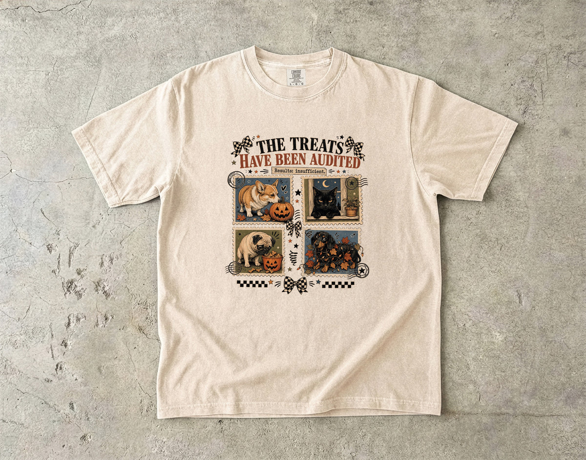 The Treats Have Been Audited Results Insufficient Shirt | Funny Halloween Dog & Cat Comfort Colors Tee | Postage Stamp Pet Halloween Shirt | Retro Halloween T-Shirt