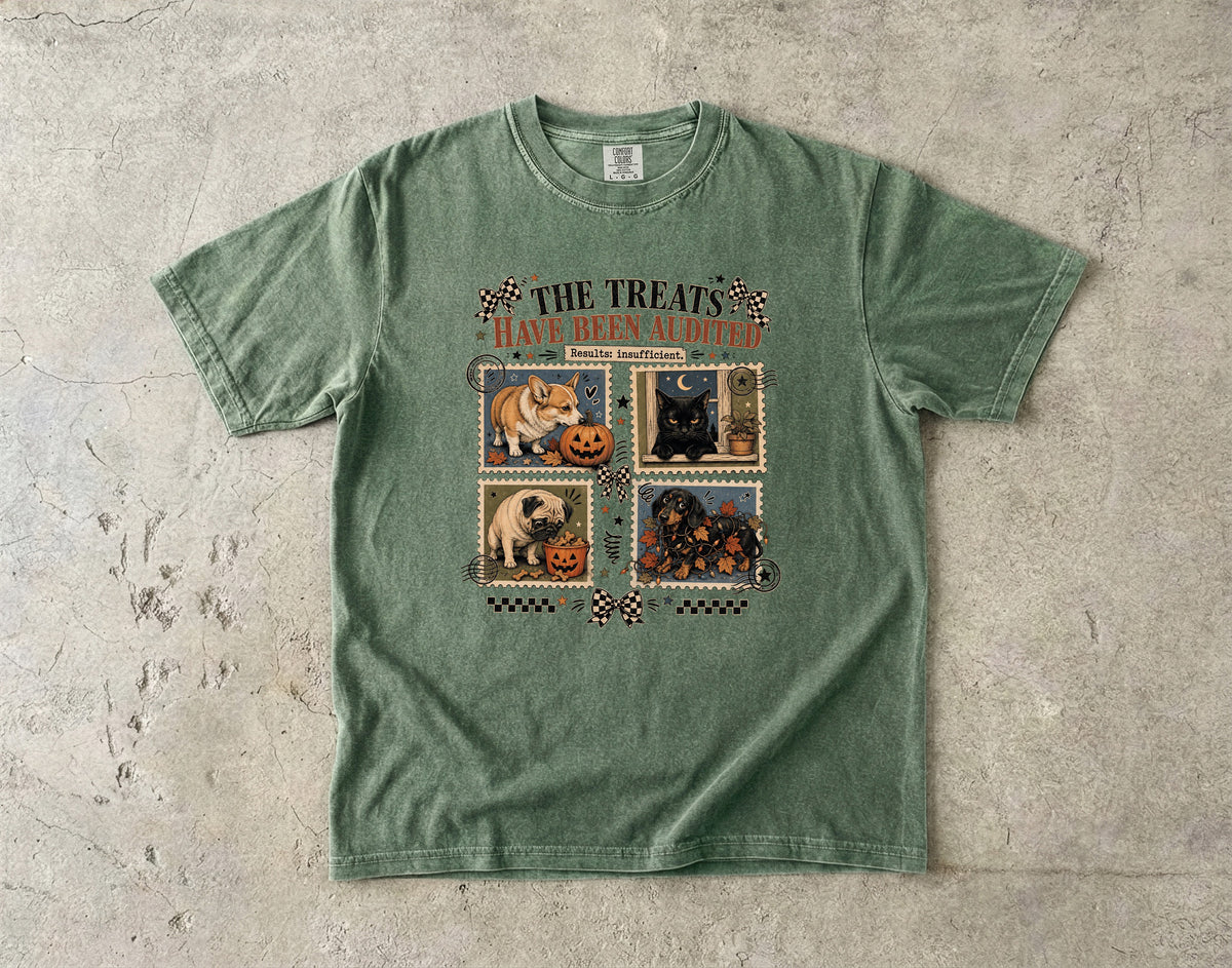 The Treats Have Been Audited Results Insufficient Shirt | Funny Halloween Dog & Cat Comfort Colors Tee | Postage Stamp Pet Halloween Shirt | Retro Halloween T-Shirt