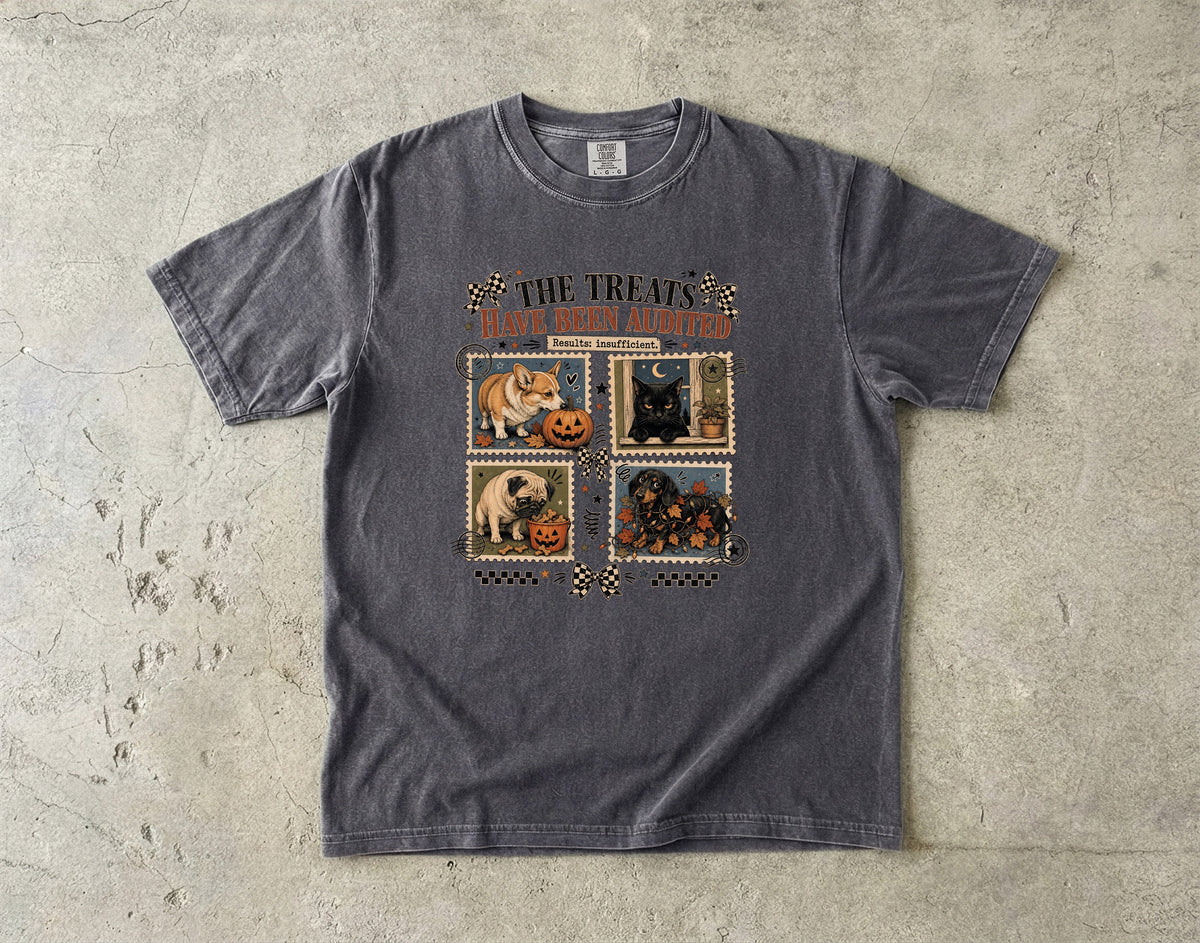The Treats Have Been Audited Results Insufficient Shirt | Funny Halloween Dog & Cat Comfort Colors Tee | Postage Stamp Pet Halloween Shirt | Retro Halloween T-Shirt