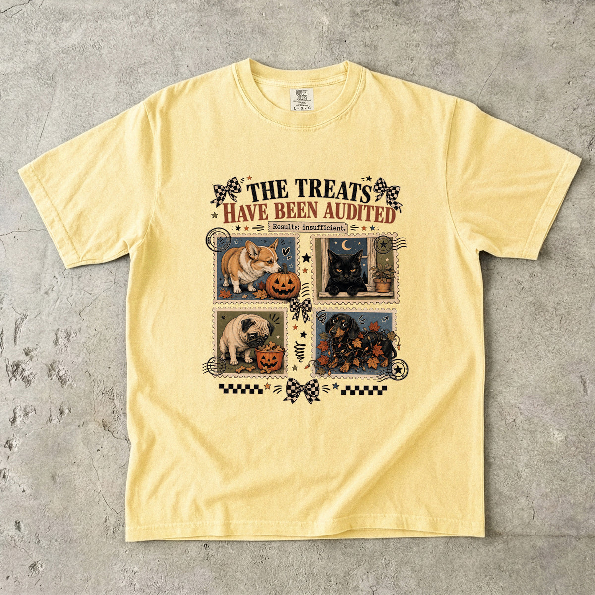 The Treats Have Been Audited Results Insufficient Shirt | Funny Halloween Dog & Cat Comfort Colors Tee | Postage Stamp Pet Halloween Shirt | Retro Halloween T-Shirt
