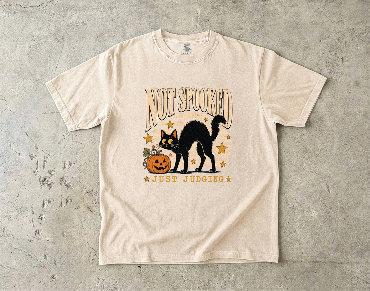 Not Spooked Just Judging Shirt | Funny Black Cat Halloween Comfort Colors Tee | Retro Sunset Halloween Cat T-Shirt | Sassy Cat Halloween Shirt