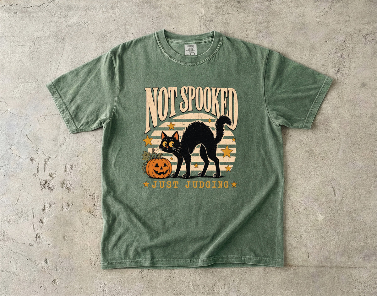 Not Spooked Just Judging Shirt | Funny Black Cat Halloween Comfort Colors Tee | Retro Sunset Halloween Cat T-Shirt | Sassy Cat Halloween Shirt