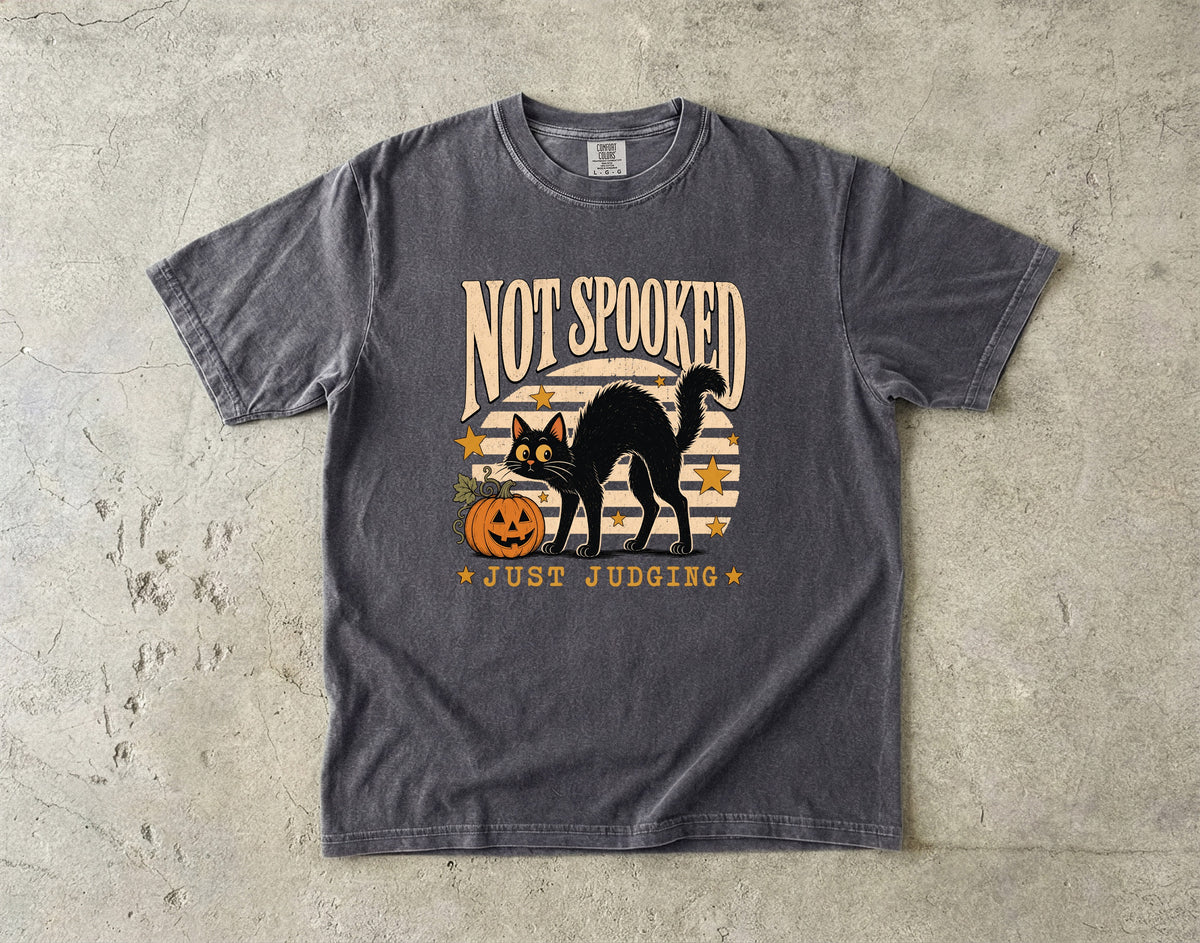 Not Spooked Just Judging Shirt | Funny Black Cat Halloween Comfort Colors Tee | Retro Sunset Halloween Cat T-Shirt | Sassy Cat Halloween Shirt