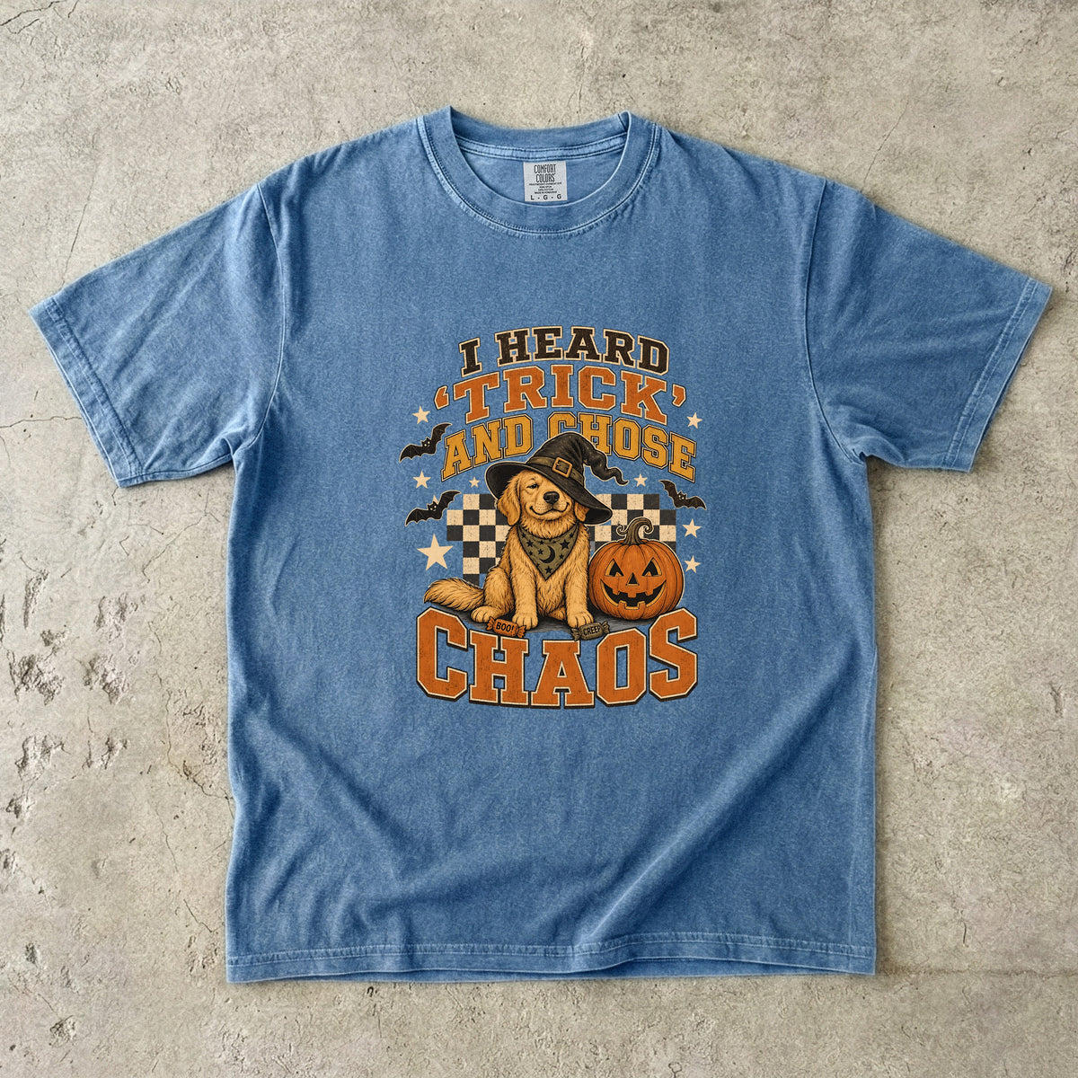 I Heard Trick and Chose Chaos Golden Retriever Halloween Shirt – Retro Witch Dog Comfort Colors Tee