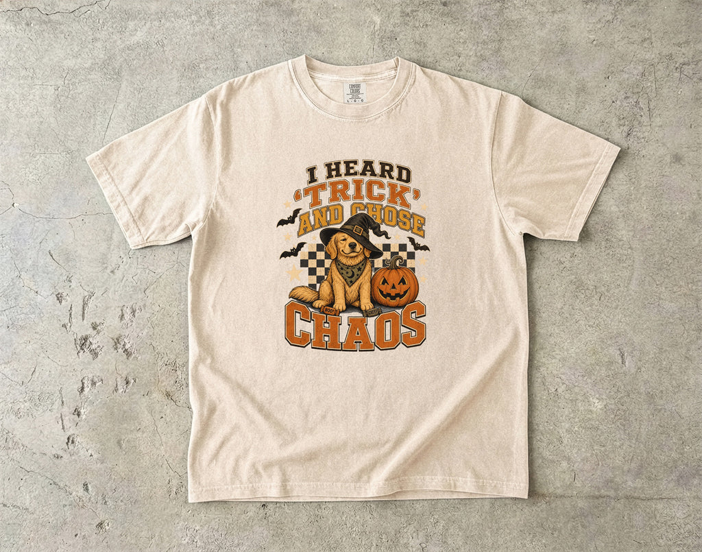 I Heard Trick and Chose Chaos Golden Retriever Halloween Shirt – Retro Witch Dog Comfort Colors Tee