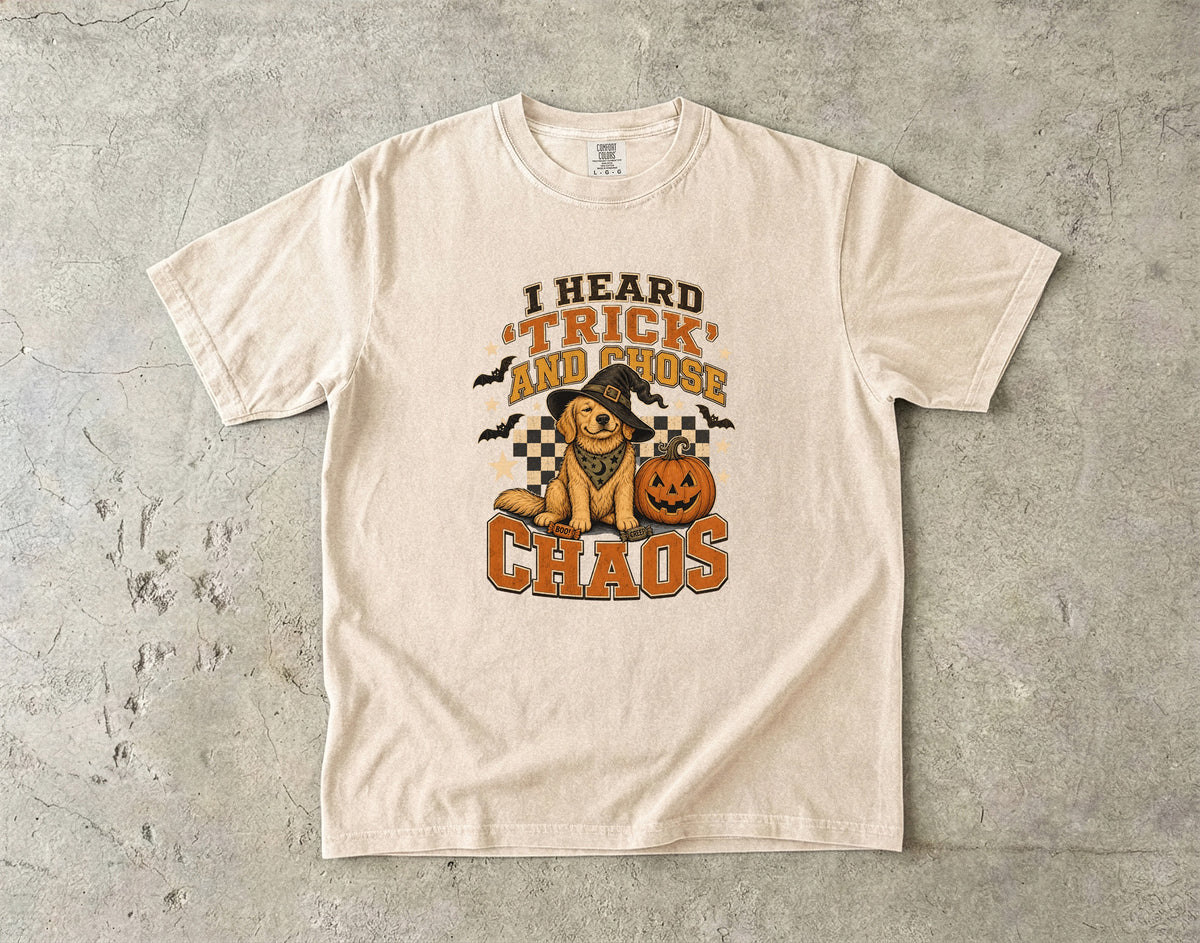 I Heard Trick and Chose Chaos Golden Retriever Halloween Shirt – Retro Witch Dog Comfort Colors Tee