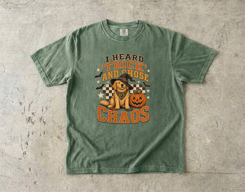 I Heard Trick and Chose Chaos Golden Retriever Halloween Shirt – Retro Witch Dog Comfort Colors Tee