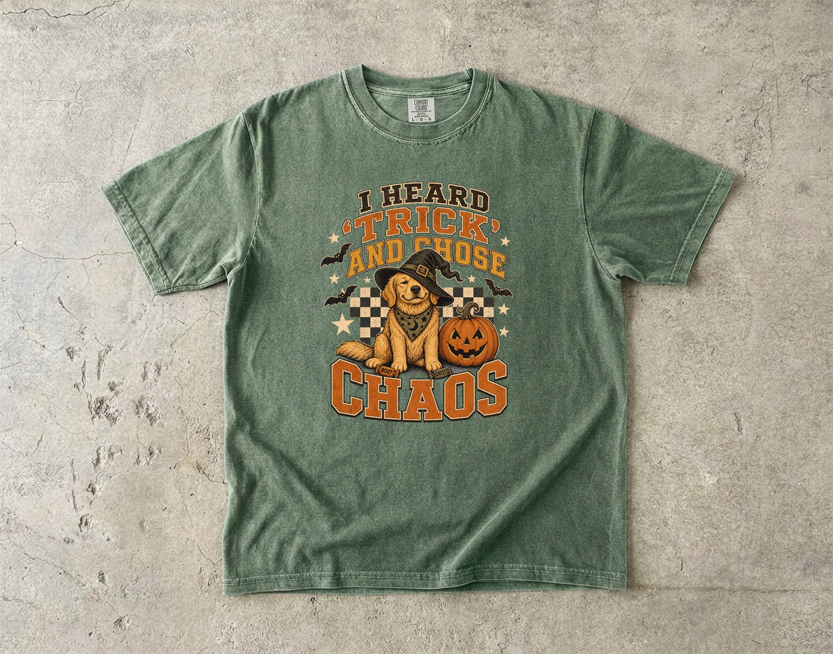 I Heard Trick and Chose Chaos Golden Retriever Halloween Shirt – Retro Witch Dog Comfort Colors Tee