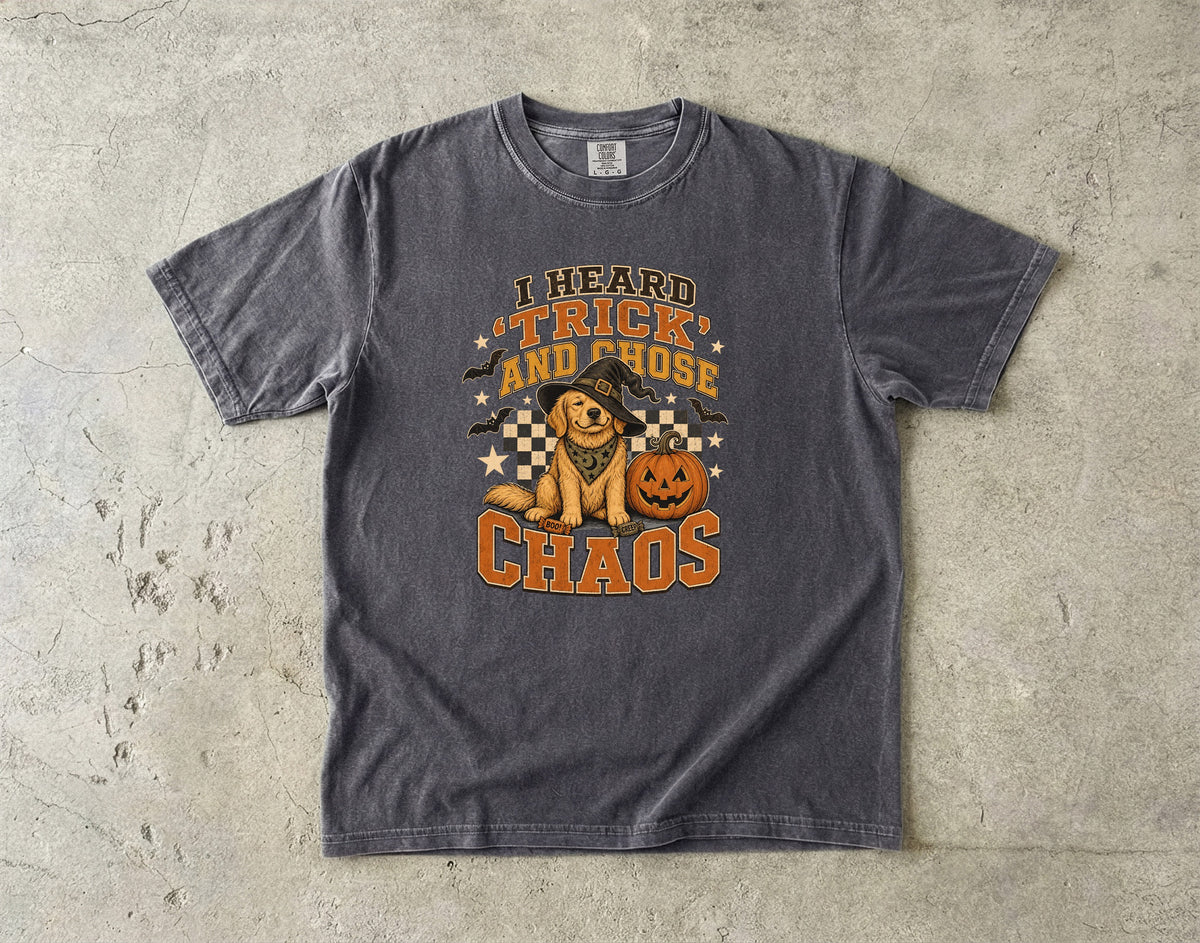 I Heard Trick and Chose Chaos Golden Retriever Halloween Shirt – Retro Witch Dog Comfort Colors Tee
