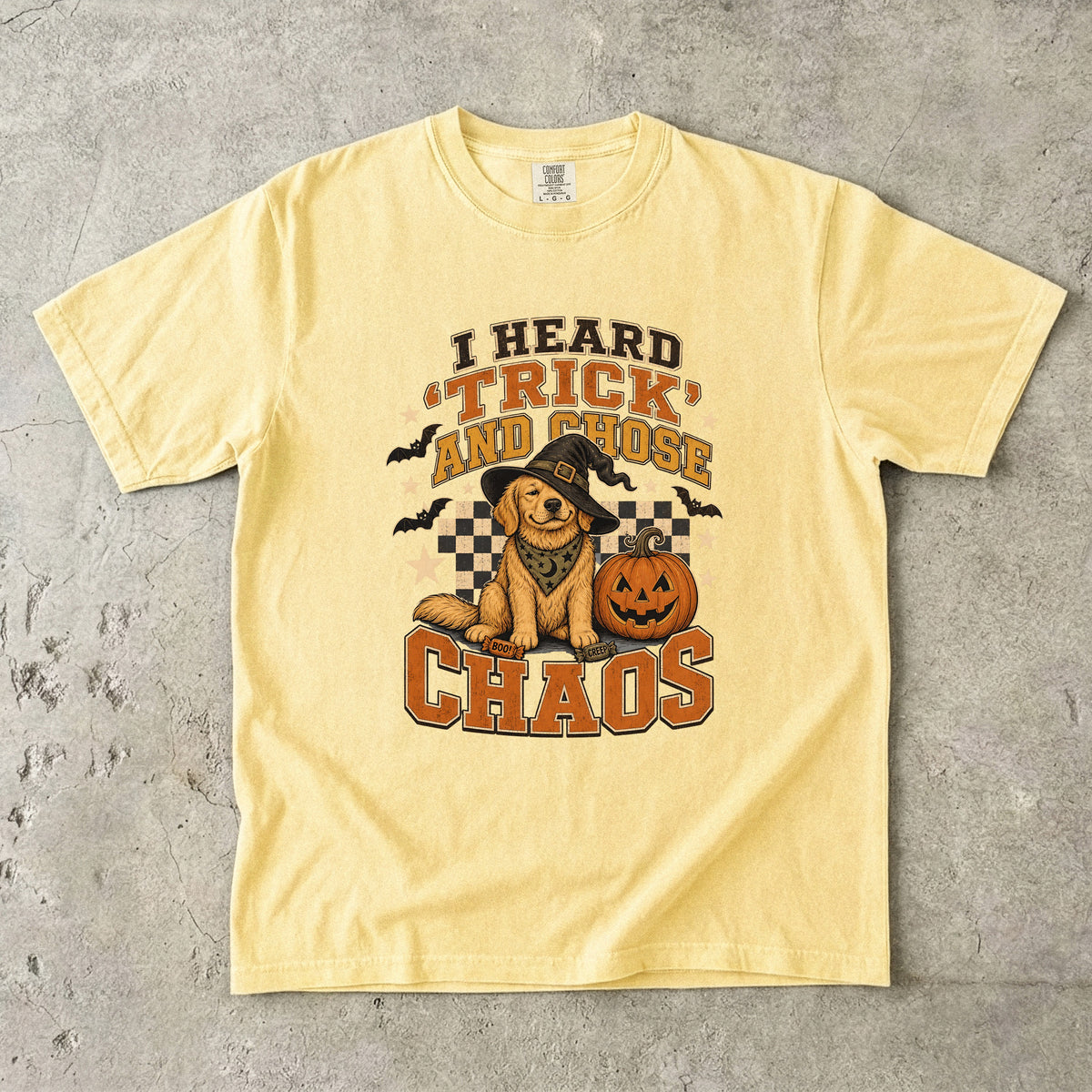 I Heard Trick and Chose Chaos Golden Retriever Halloween Shirt – Retro Witch Dog Comfort Colors Tee