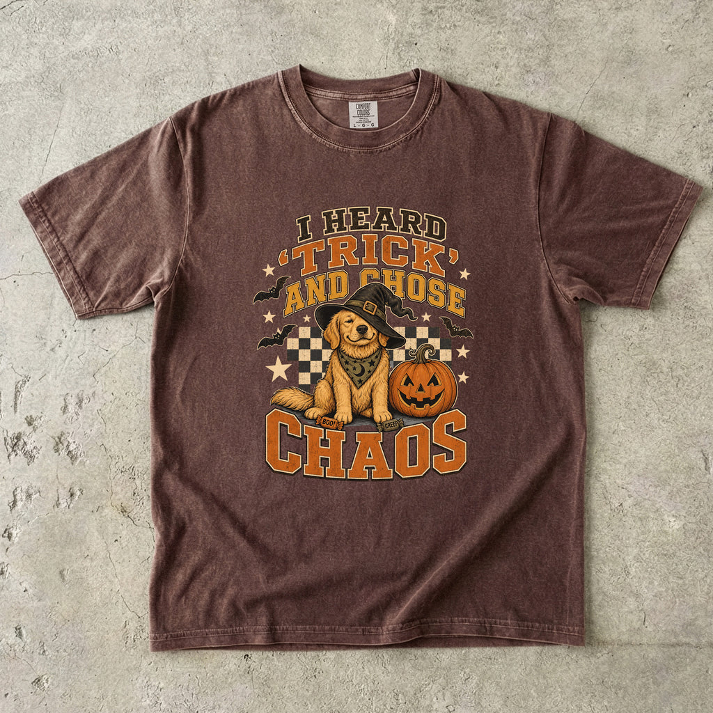 I Heard Trick and Chose Chaos Golden Retriever Halloween Shirt – Retro Witch Dog Comfort Colors Tee