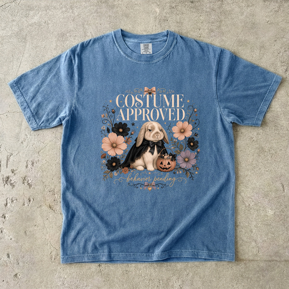 Costume Approved Behavior Pending Shirt – Coquette Bunny Halloween Tee, Vintage Floral Comfort Colors