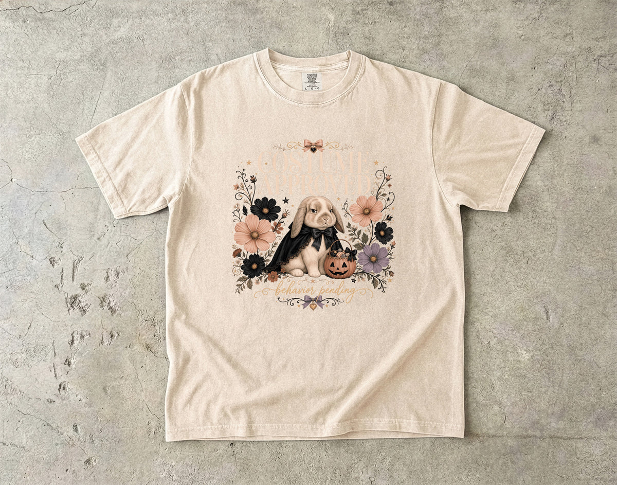 Costume Approved Behavior Pending Shirt – Coquette Bunny Halloween Tee, Vintage Floral Comfort Colors
