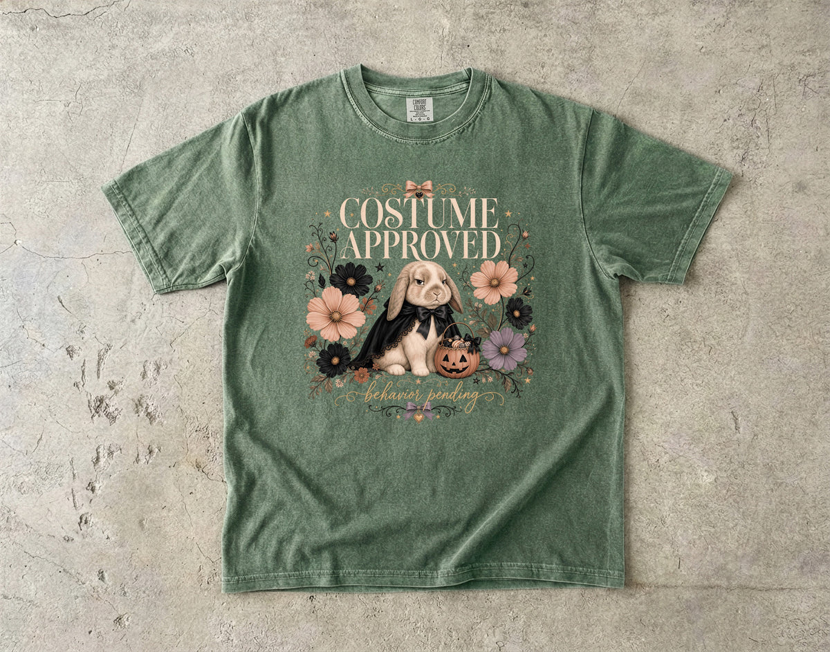 Costume Approved Behavior Pending Shirt – Coquette Bunny Halloween Tee, Vintage Floral Comfort Colors
