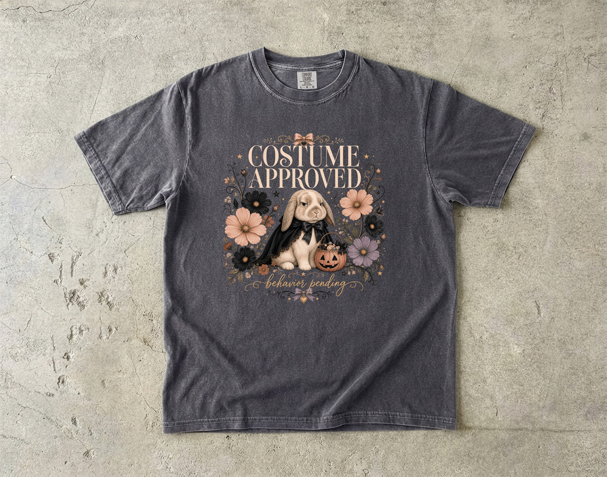 Costume Approved Behavior Pending Shirt – Coquette Bunny Halloween Tee, Vintage Floral Comfort Colors