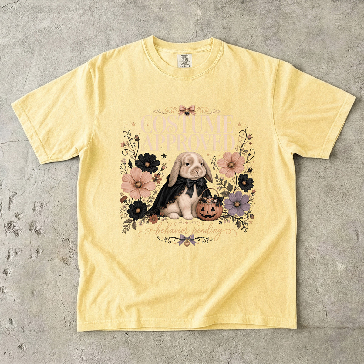 Costume Approved Behavior Pending Shirt – Coquette Bunny Halloween Tee, Vintage Floral Comfort Colors
