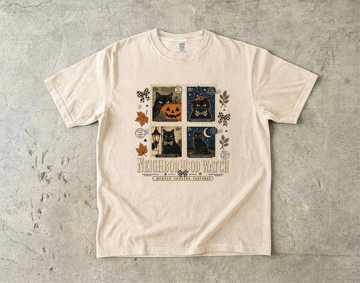 Neighborhood Watch Mostly Judging Costumes Shirt – Vintage Black Cat Stamp Halloween Tee, Comfort Colors