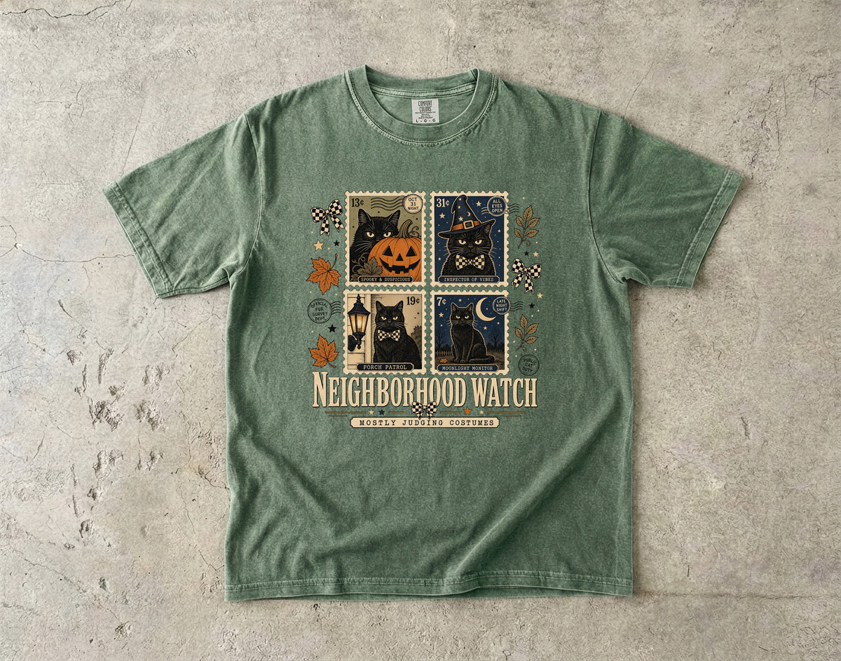Neighborhood Watch Mostly Judging Costumes Shirt – Vintage Black Cat Stamp Halloween Tee, Comfort Colors