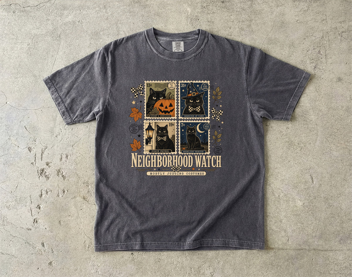 Neighborhood Watch Mostly Judging Costumes Shirt – Vintage Black Cat Stamp Halloween Tee, Comfort Colors