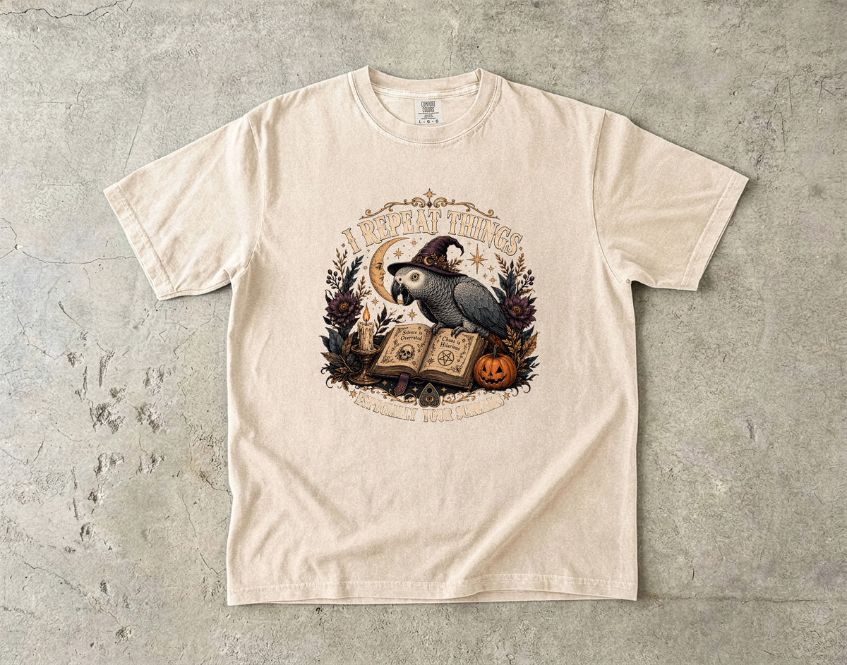 I Repeat Things Especially Your Screams Shirt – Funny African Grey Parrot Witch Halloween Tee, Vintage Comfort Colors